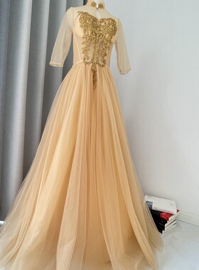 晚礼服女2026年表演主持人黄色蓬蓬显瘦气质高端优雅复古轻奢独唱