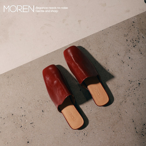 莫人MOREN小众高極复古手工方头法式慵懒风穆勒拖勃垦第红包头拖