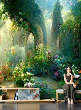 3D立体梦幻森林风景壁纸摄影油画风壁画花园植物卧室背景墙纸壁布