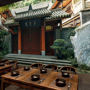 3D成都宽窄巷风景壁纸古镇街道壁画中式饭店麻辣火锅店老建筑墙纸