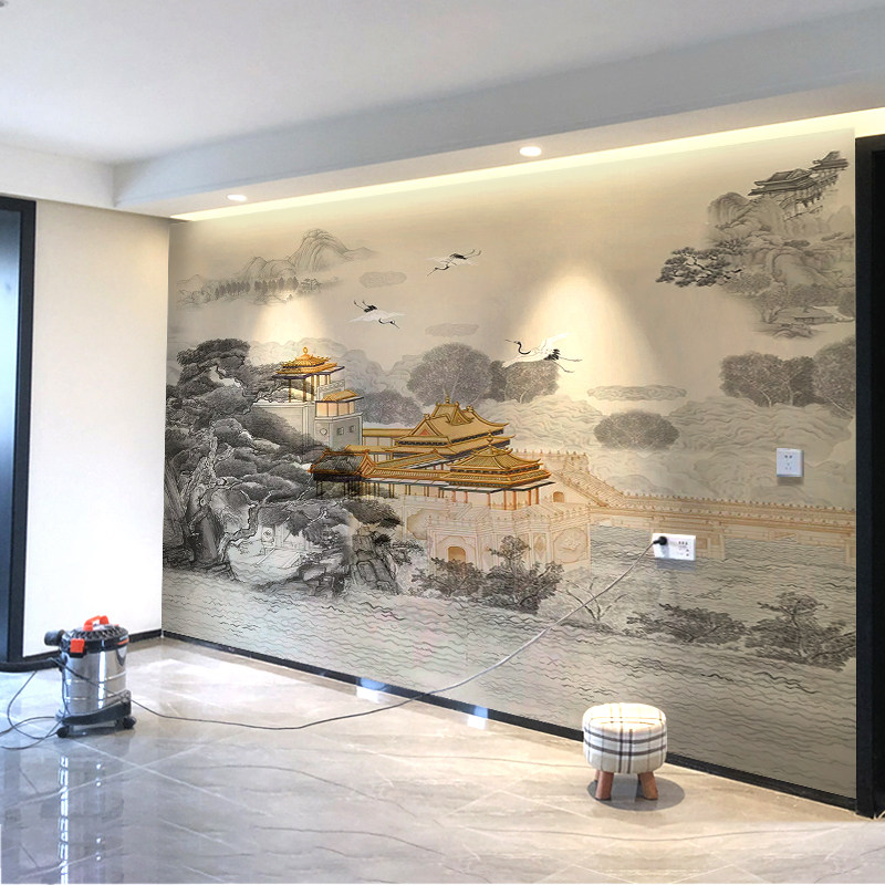 宫廷山水展厅酒店前台背景墙墙纸