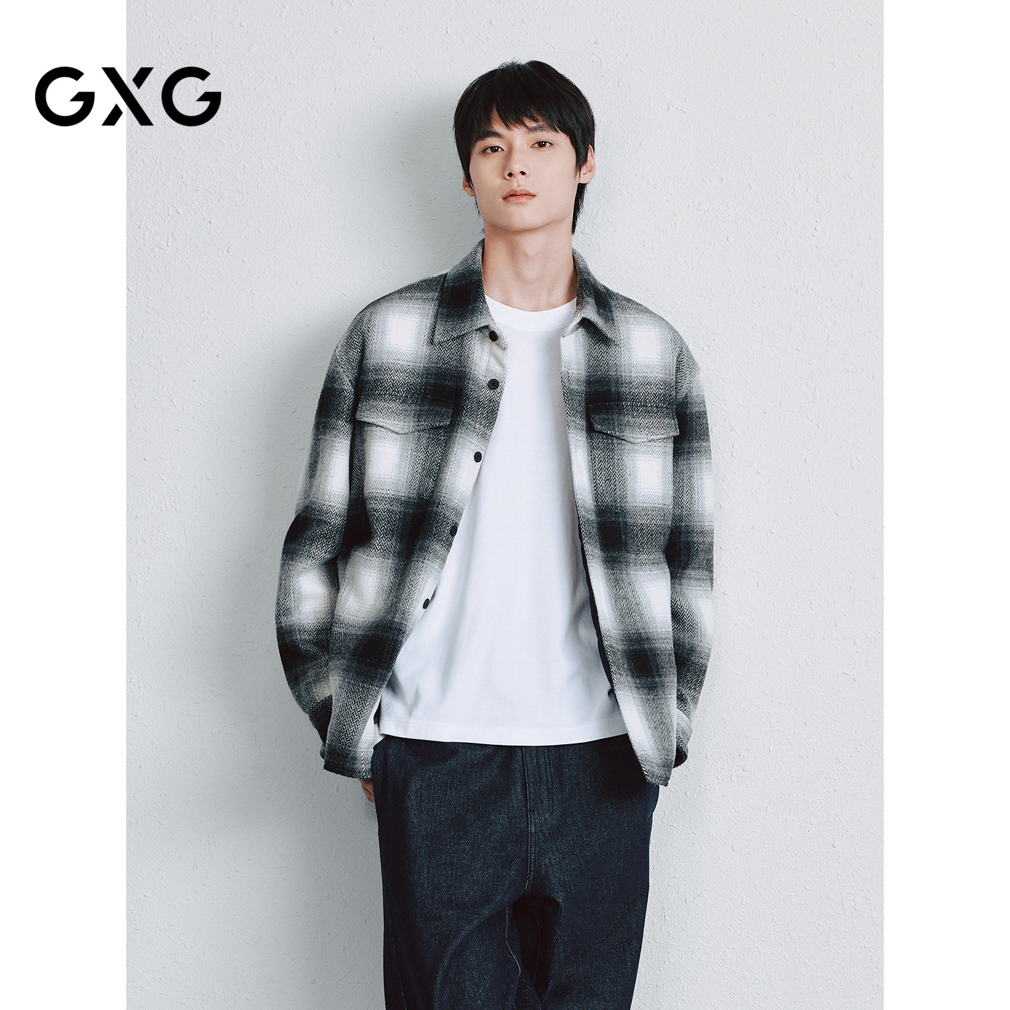GXG 黑格纹衬衫式棉服男士通勤薄夹棉翻领夹克 2025冬季新品