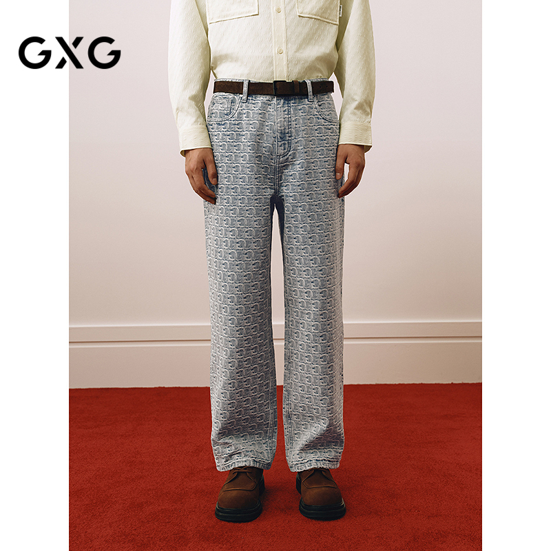 GXG男装 水洗浅蓝牛仔裤提花满印长裤通勤休闲男裤 2025春季新品