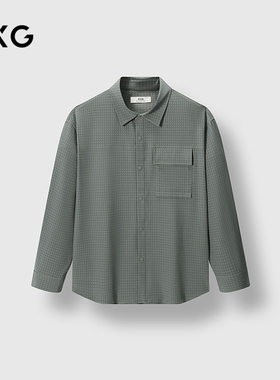 GXG男装 灰绿色口袋设计格纹时尚宽松休闲长袖衬衫 25年春季新品