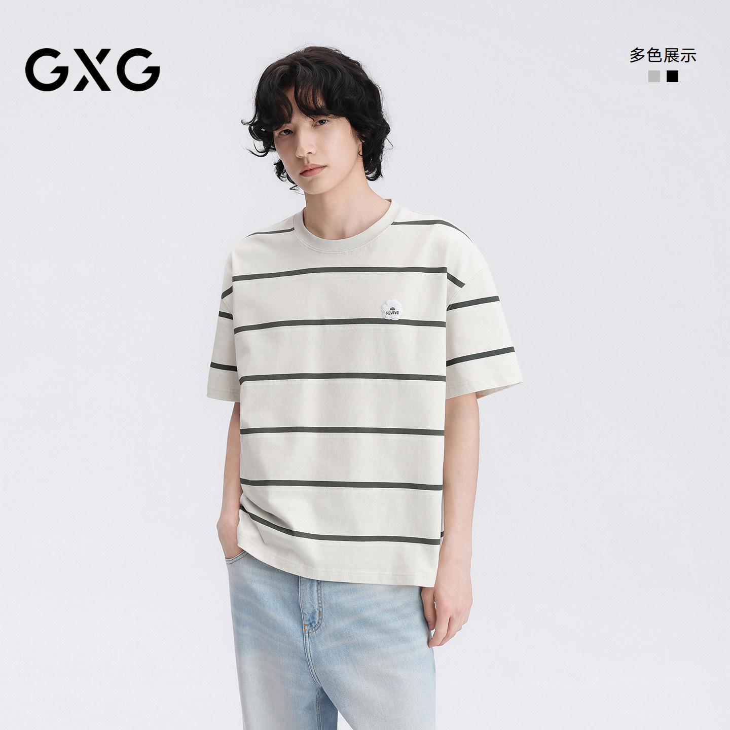 GXG男装 235g重磅条纹设计简约宽松休闲短袖T恤男士 24年夏季新品图片