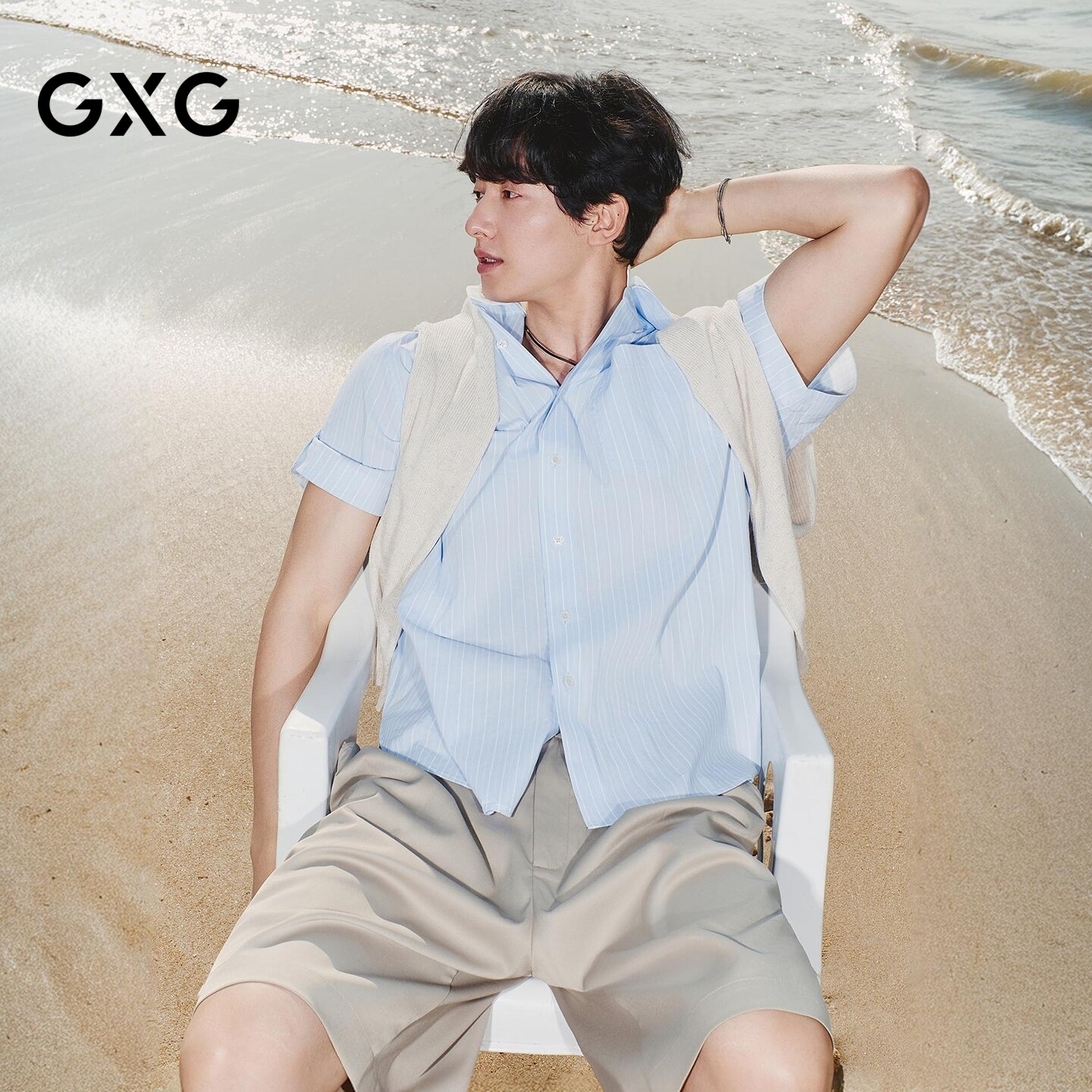 GXG男装 微廓条纹衬衫假两件休闲衬衣轻薄上衣外套 2026夏季新品图片