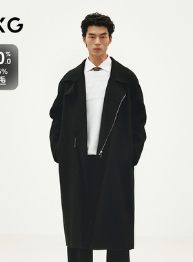 GXG男装 黑色拉链门襟时尚通勤长款羊毛大衣外套 24年冬季品