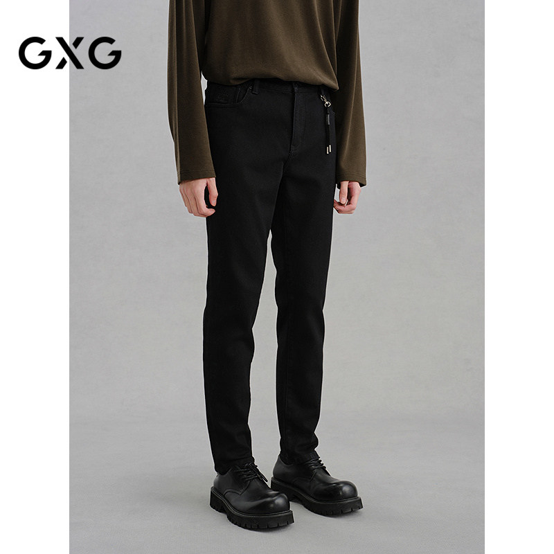 GXG男装 冬季黑色修身牛仔裤男士简约百搭通勤水洗长裤