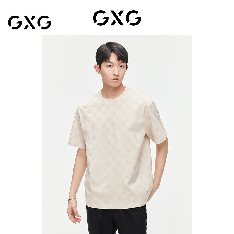 GXG男装 【纯棉】夏季微廓简约满印格纹棋盘格宽松短袖T恤男