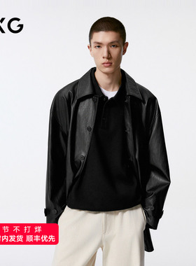 GXG男装 黑色pu皮口袋设计风衣外套男士24年秋季品G24X083001
