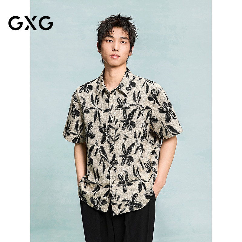 GXG男装 满印提花设计短袖衬衫度假风休闲男士衬衣 25年夏季新品