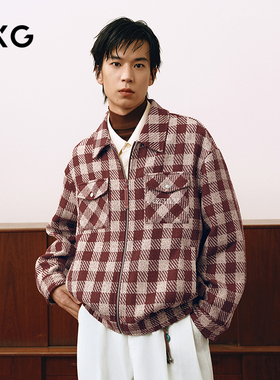 GXG男装 新年系列红色小香风棋盘格四合扣绣花夹克外套25年春新品