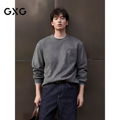 GXG男装 仿麂皮圆领卫衣立体印花上衣长袖卫衣 25冬新品