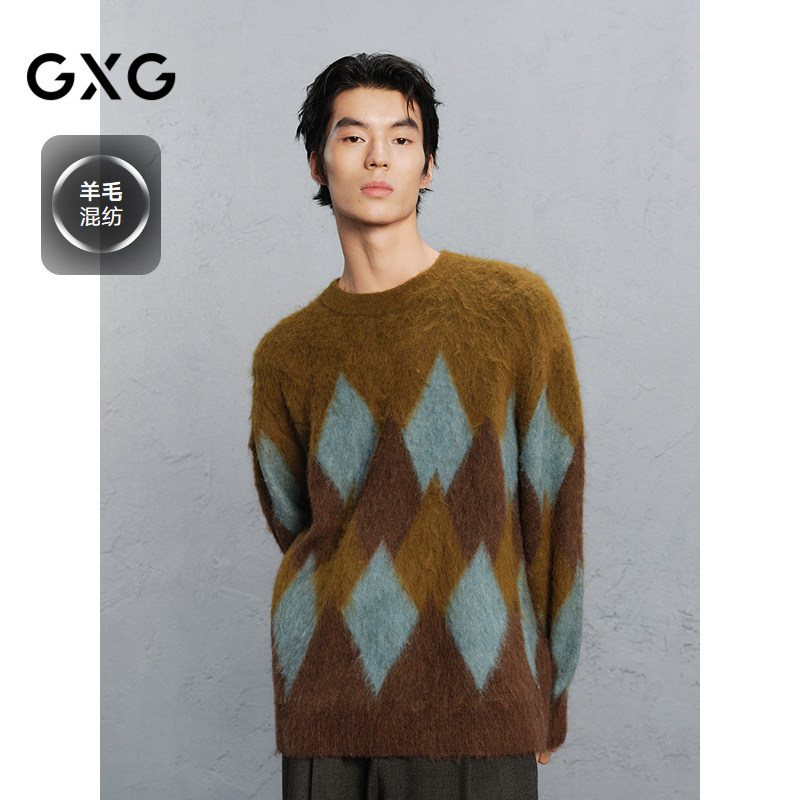 GXG男装 撞色菱格毛衣通勤男士针织衫 24年冬G24X204032