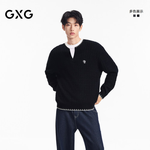 GXG男装 微廓领口明线毛衣V领绞花肌理针织衫休闲毛衫 2026秋新品