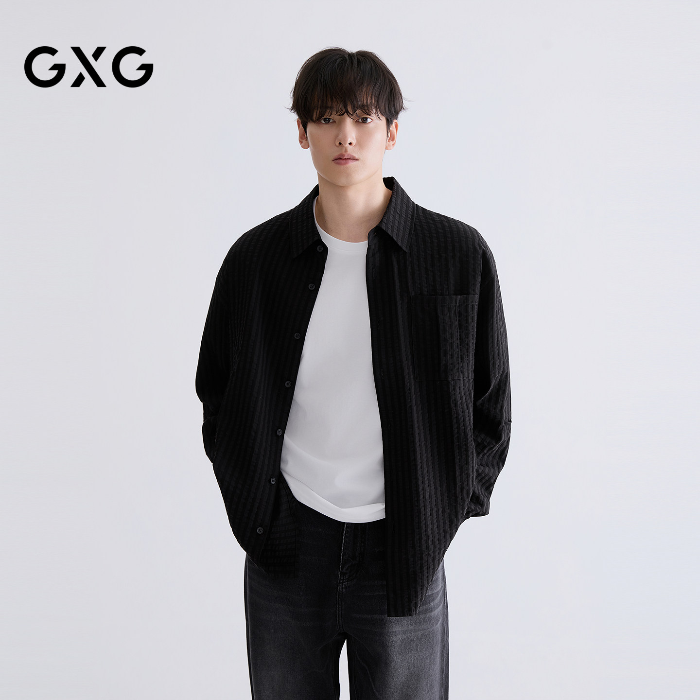 GXG男装 中廓黑色暗纹肌理衬衣条纹衬衫通勤男 2026年春季新品
