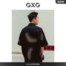GXG男装 重磅系列黑色牛仔短袖衬衫外套潮流时尚 2023年夏季新品
