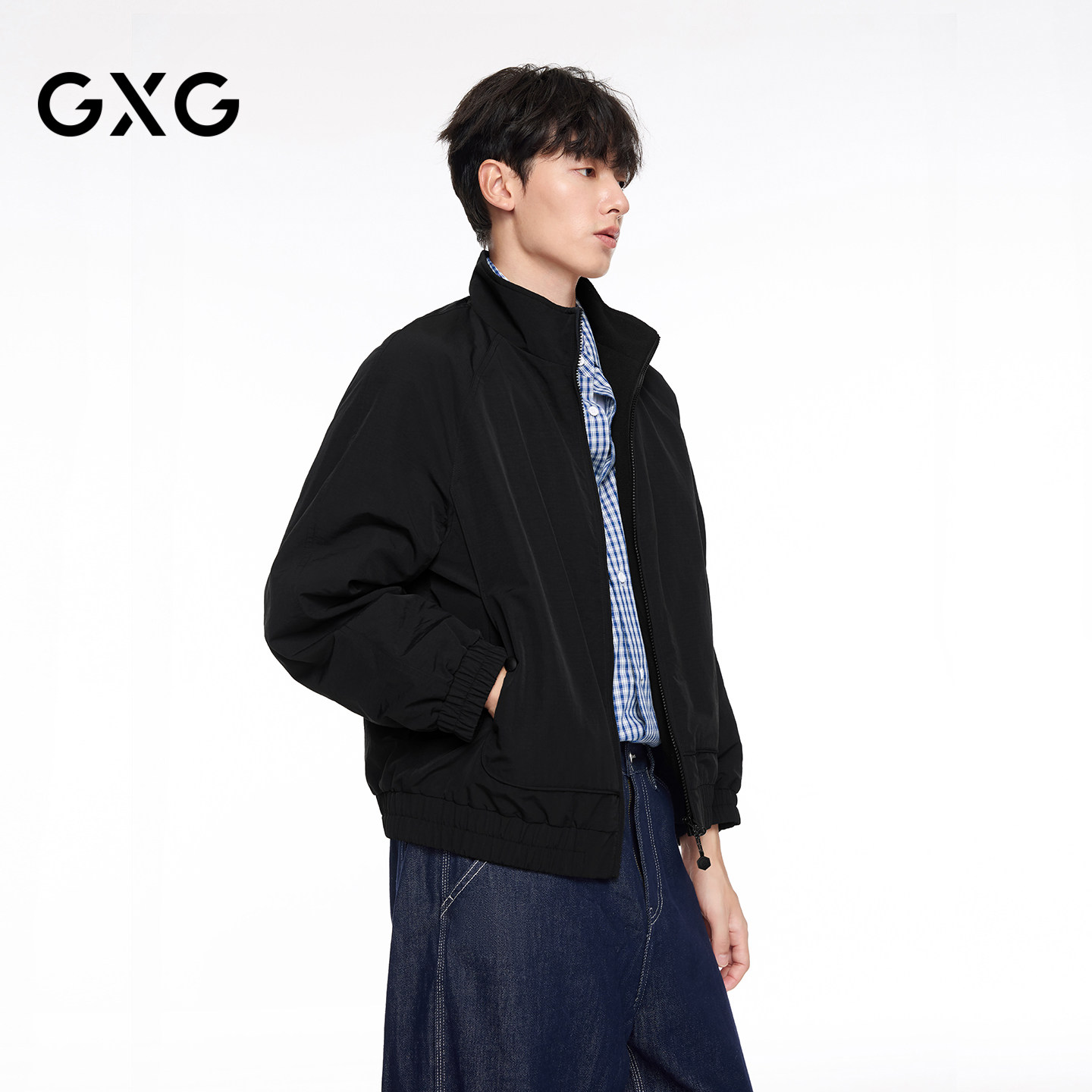 GXG男装 微廓摇粒绒拼接小格纹立领夹克户外外套 2026年冬季新品