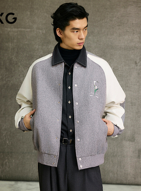 GXG男装 麻灰色斜纹撞色拼接棒球领夹克25年春新品G25X211022