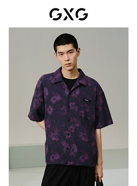 GXG男装 黑色透气翻领短袖衬衫 24年夏季品G24X232015