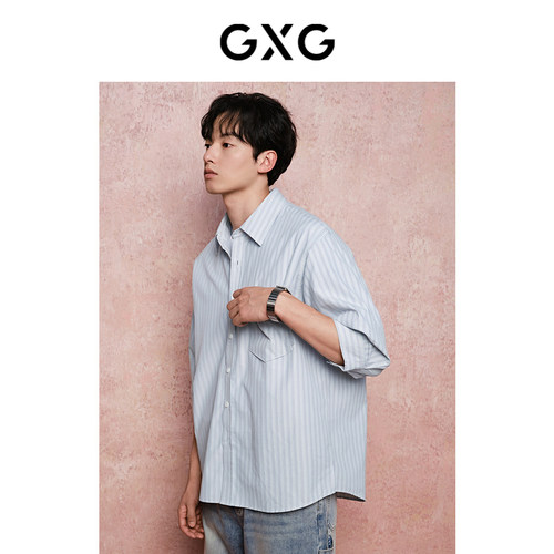 蓝色条纹七分袖衬衫GXG翻领