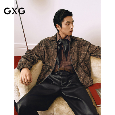 GXG男装 复古棕色经典时尚做旧提花翻领夹克25春新品G25X211025
