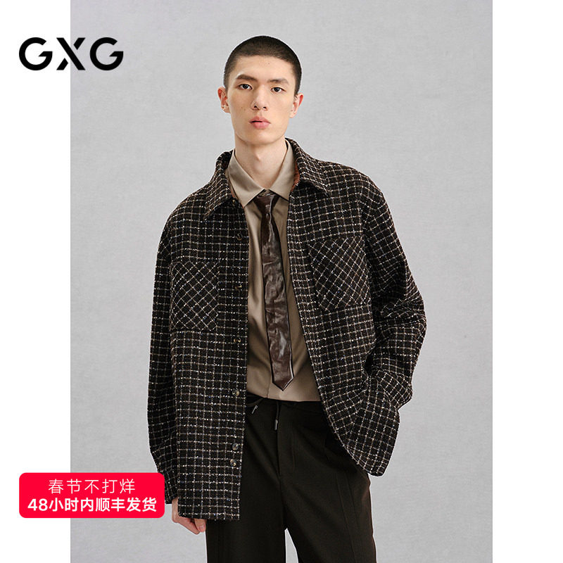 GXG男装 棕色小香风长袖衬衫外套24年冬季品G24X034062