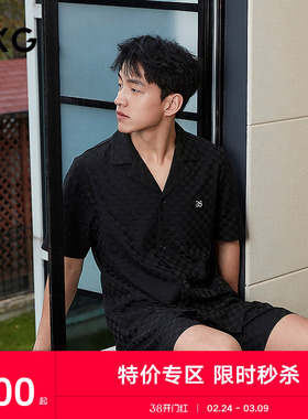 GXG男士家居服 黑色棋盘格短袖短裤睡衣套装男 25年春夏新品