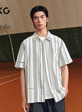 GXG男装 米白提花休闲衬衫小清新短袖衬衫25年夏季新品G25X232022