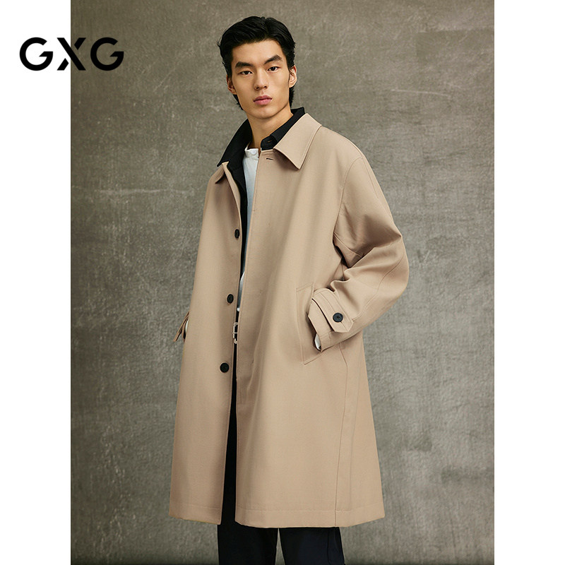 GXG男装 卡其色斜纹翻领质感长款外套风衣25年春新品G25X081002