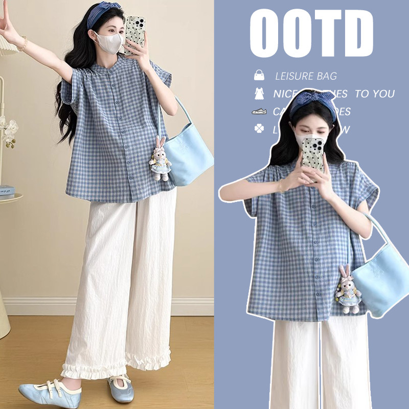 孕妇上衣夏2026新款遮肚子不显怀短袖格子休闲衬衫衣服夏装套装女