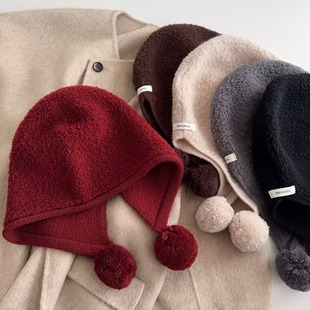25秋冬新款羊毛100%wool毛球巴拉克法帽女显脸小针织保暖护耳