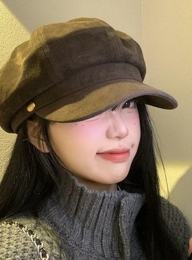 美拉德咖色植绒贝雷帽女春秋复古大头围八角帽显脸小报童画家帽子