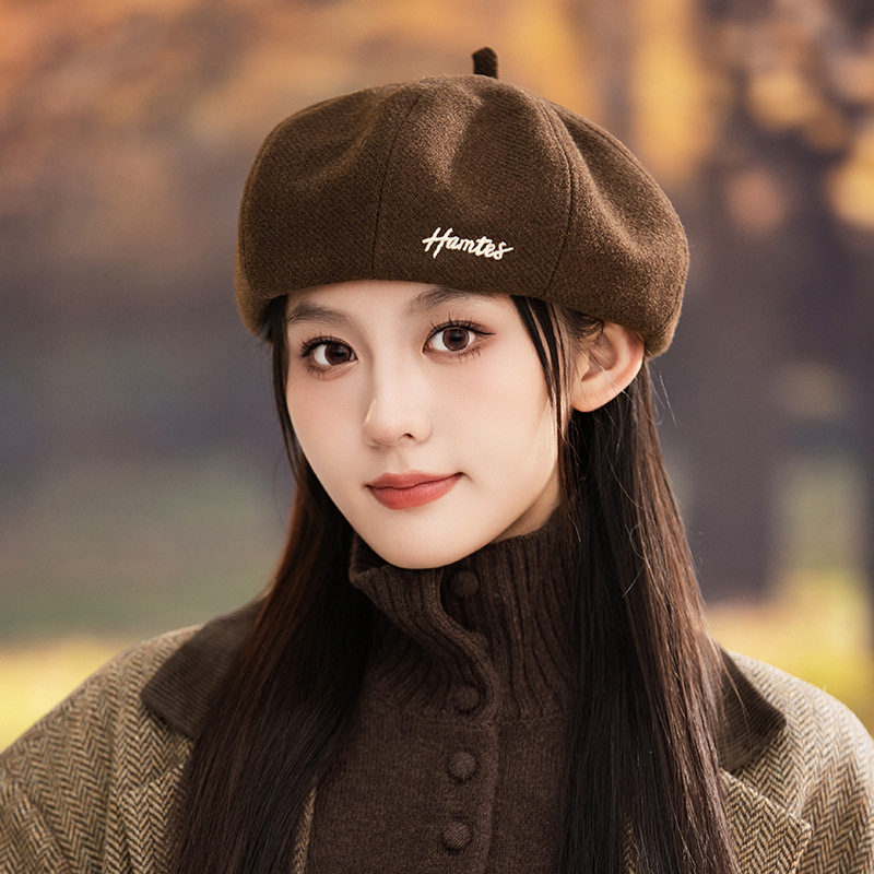 字母刺绣复古洋气南瓜帽女冬季斜纹时尚保暖贝雷帽气质潮搭画家帽