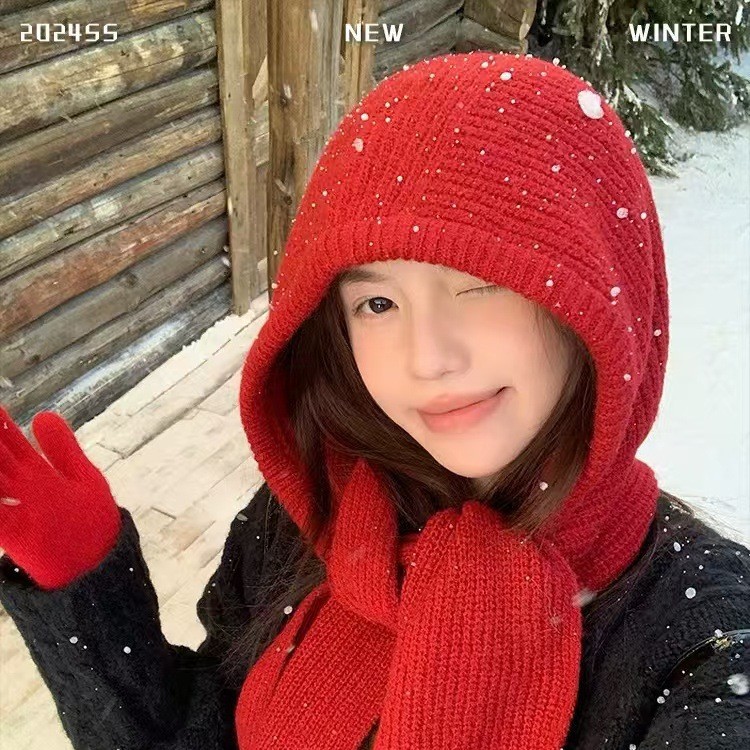 含羊毛巴拉克拉法帽女秋冬季保暖毛线帽子围巾一体连帽围脖针织帽