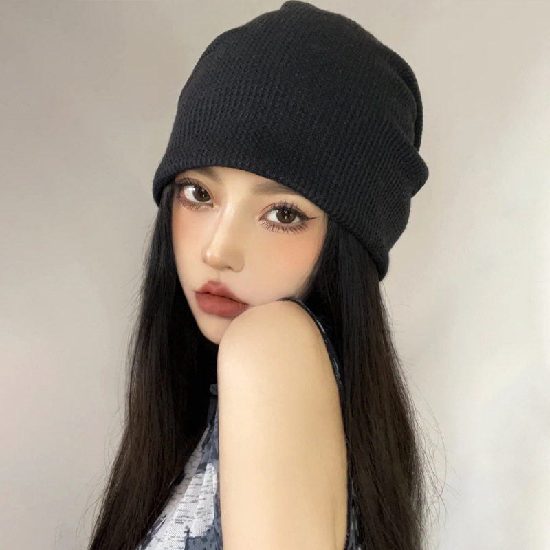 日本uv堆堆帽女秋冬季大头围薄款网红针织显脸小月子帽产后冷帽子