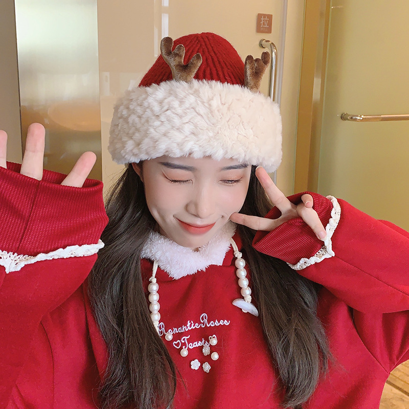 圣诞礼物麋鹿角针织毛线帽时尚百搭套头帽秋冬保暖护耳2022秋冬帽