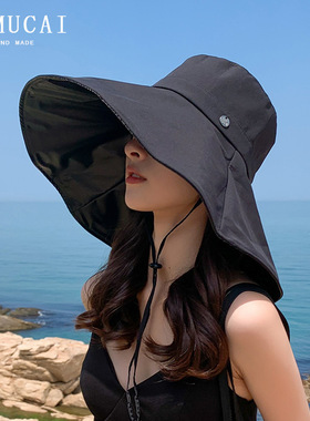 15cm大帽檐黑胶防晒遮阳帽女夏季遮脸太阳帽防紫外线渔夫帽子百搭