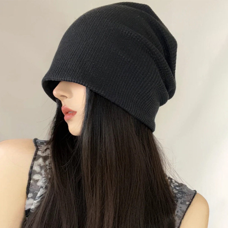 日本uv堆堆帽女秋冬季大头围薄款网红针织显脸小月子帽产后冷帽子