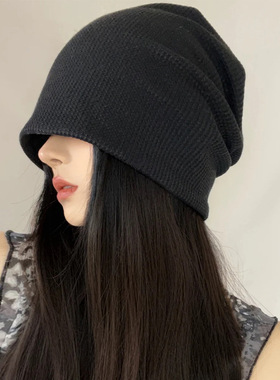 日本uv堆堆帽女秋冬季大头围薄款网红针织显脸小月子帽产后冷帽子