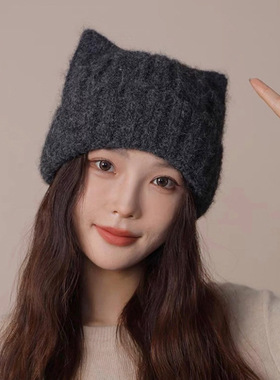 秋冬季可爱猫耳朵毛线帽子女加厚保暖护耳包头帽显脸小百搭针织帽