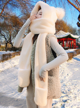 小熊帽子围巾手套一体帽女生冬季2025新款加绒毛绒可爱保暖三件套