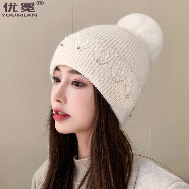 佳艺兔毛帽女冬季加绒保暖针织毛线帽韩版钉珠护耳套头帽大毛球潮