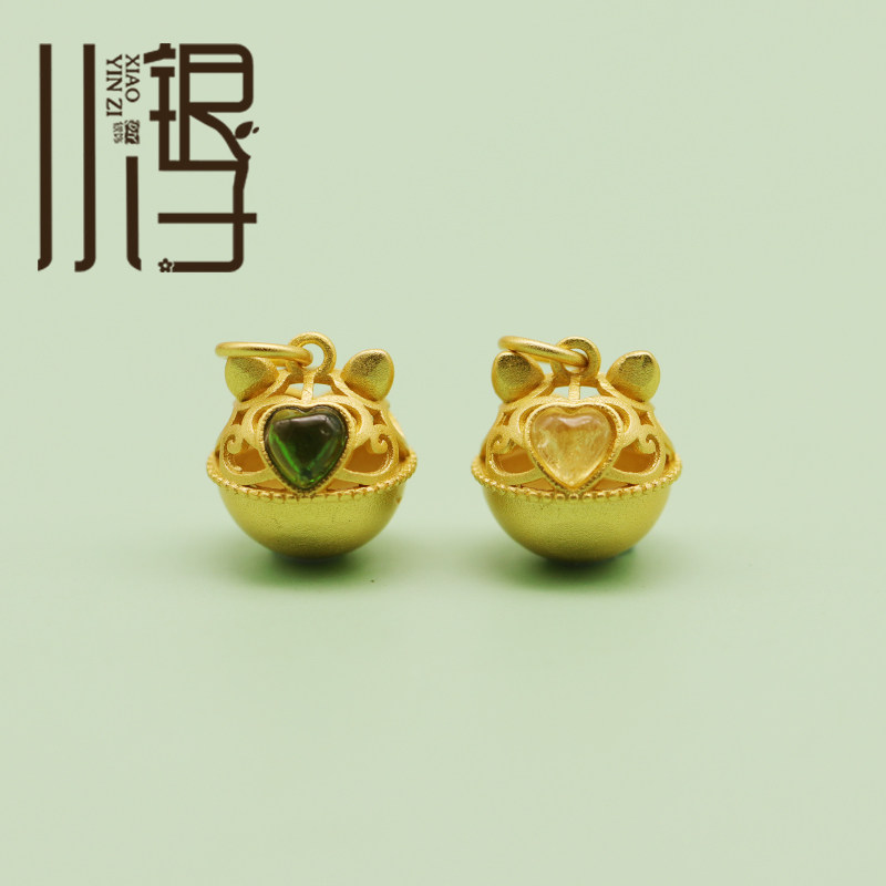 s925纯银吊坠 镂空碧玺爱心花纹猫球挂坠diy手工手链串珠材料配件