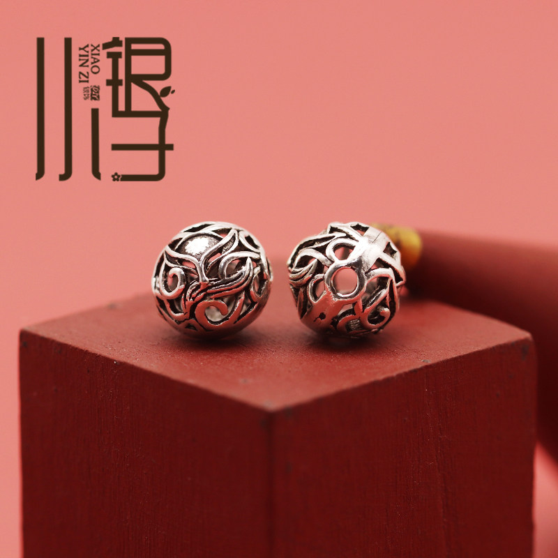 泰银隔珠 镂空九尾狐狐狸图腾圆珠s925纯银银饰diy串珠材料配件