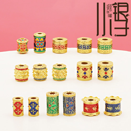 S925纯银小花回纹铜钱纹桶珠