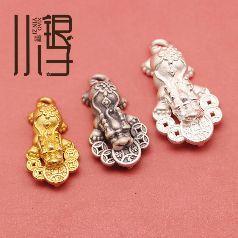 足银吊坠 3D硬银金钱中国结招财貔貅双耳S999纯银DIY编绳串珠配件