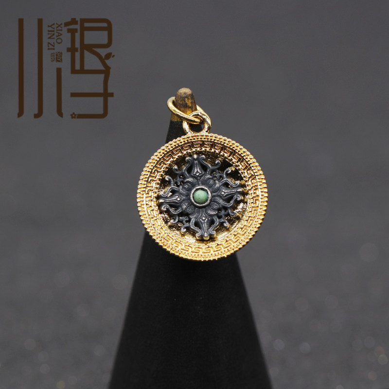 合金S925纯银吊坠 藏式花纹薄片圆吊牌文玩DIY男士编绳串珠配件