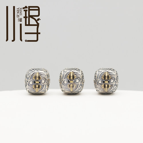 S925纯银嵌铜羽毛纹金刚杵方块珠