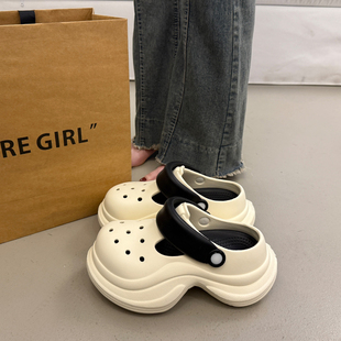 松糕厚底增高洞洞鞋 女夏季 外穿高级感2025超火新款 沙滩包头半拖鞋